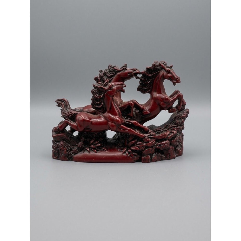Vintage Faux Red Cinnabar Resin Galloping Horses Figurine Feng Shui Decor 5"